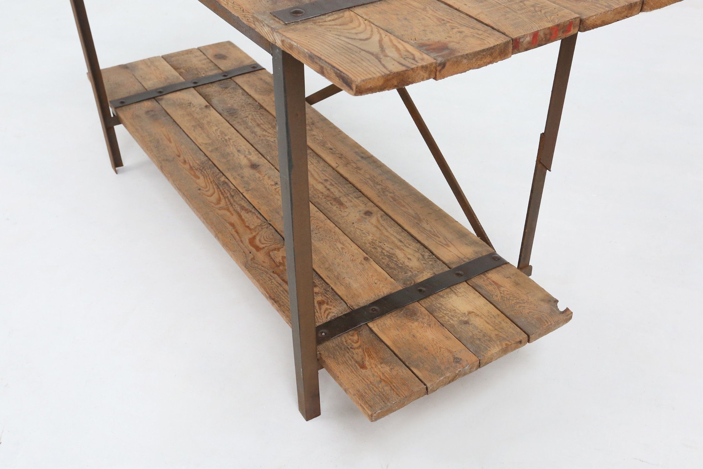  Industrial side tables with metal frame and wooden top and removable platform, Belgium, 1920thumbnail